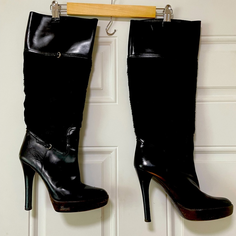 Gucci platform boots, black with mink fur.